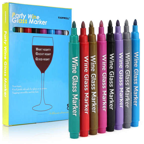 GAINWELL Wine Glass Markers – Pack of 8 Food-Safe Non-Toxic Wine Glass Marker Pens - Can also be Used on Ceramic Plates and other Glass and Dinnerware