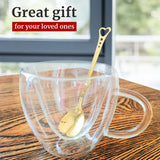 Heart Shaped Cup - Double Walled Insulated Glass Coffee Mug or Tea Cup - Double Wall Glass 8oz (240ml) - Clear - Unique & Insulated with Handle - With Teaspoon