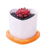 Imaniastore Heart Shaped Succulent Planter Pot with Drainage and Bamboo Trays White Ceramic Decorative Cactus Plant Pot Flower Container