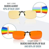 Clip-on Blue Blocking Eye Wear - Special Tinted Lenses Help You Sleep and Relax Your Eyes (Day & Night Combo Pack)