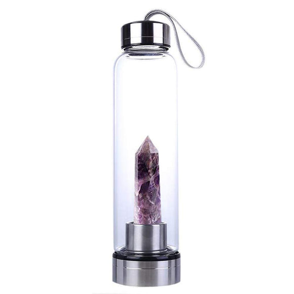 SeaHome Crystal Glass Water Bottle, Water Bottle with Gemstone Center Crystal Elixir Bottle with Natural Crystal Point Healing Obelisk Wand Energy Cup