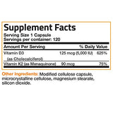 Vitamin K2 (MK7) with D3 Supplement Bone and Heart Health Non-GMO Gluten Free Formula 5000 IU Vitamin D3 & 90 mcg Vitamin K2 MK-7 Easy to Swallow Vitamin D & K Complex, 120 Capsules