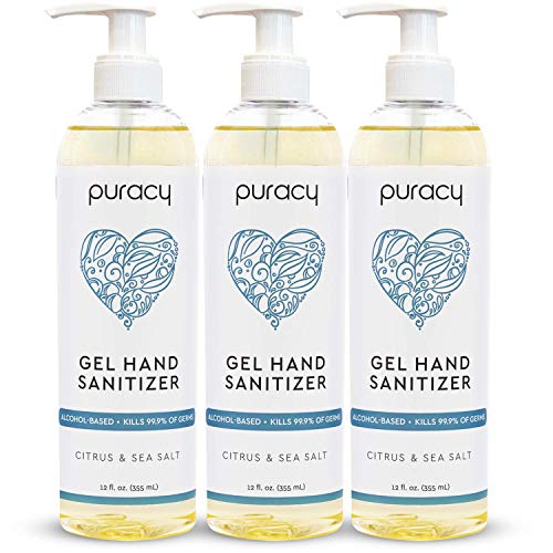 Puracy Hand Sanitizer Gel Set for Home and Office, Natural Citrus & Sea Salt 70% Alcohol Skin Softening Non-Drying Formula, 12 Fl Oz (3-Pack)