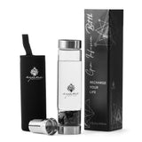 Ayana Wellness Gem Water Infusion Bottle Gemwater Elixir Infused with Crystal Energy | BPA Free Borosilicate Glass | with Tea Infuser | Includes Real Clear Quartz and Black Tourmaline Gemstones