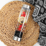 Ayana Wellness Gem Water Infusion Bottle Gemwater Elixir Infused with Crystal Energy | BPA Free Borosilicate Glass | with Tea Infuser | Includes Real Clear Quartz and Black Tourmaline Gemstones