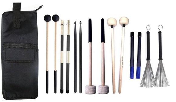 Jiayouy Percussion Drum Stick Bag with 7 Pair Drumsticks Mallets Brushes Set, Drum Mallet Bag with Floor Tom Hooks,Nylon Bamboo Jazz Bass Drum Sticks Retractable Drum Wire Brushes,Hanging Mallet Bag