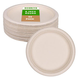 ECORIYO Paper Compostable Plates - 6 Inch Heavy Duty Paper Plates, 50-Pack of Biodegradable Plates from Sugarcane - Disposable Dessert Plates, Thick Paper Plates Bulk