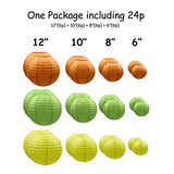 Handmade Decorative Chinese Japanese Hanging Paper Lanterns 24pcs Assorted Sizes 6”, 8”, 10”, 12” Mixture Colors Decoration for Home, Weddings and Parties Lanterns (Orange-Yellow-Green)