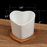 Imaniastore Heart Shaped Succulent Planter Pot with Drainage and Bamboo Trays White Ceramic Decorative Cactus Plant Pot Flower Container