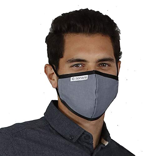 SonoMask by Sonovia | Large | Grey | Patented Fabric Providing Active Protection | Adjustable Ear Loops & Nose Wire | Washable & Reusable Face Mask