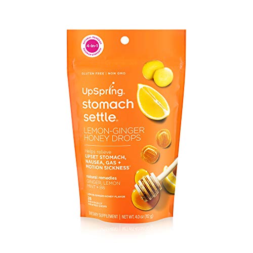 Upspring Stomach Settle Drops with Ginger, Lemon, Spearmint, Honey & B6 | Lemon-Ginger-Honey Flavor | Relieves Nausea, Gas, Bloating, Motion & Morning Sickness* | 28 Individually Wrapped Drops