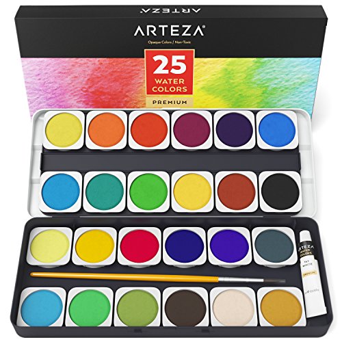 Arteza Watercolor Paint Set, Set of 25 Water Colors, Vibrant Pan Paints with Brush, Art Supplies Kit for Artists & Adults, for Travel Painting, Sketching, and Illustrating