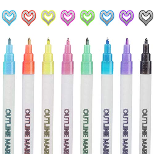 Double Line Outline Pen, Self-Outline Metallic Markers, 8 Colors Bullet Journal Pens & Glitter Pens for Card Making, Scrapbooking, Drawing, DIY Art Crafts, Kids, Adults
