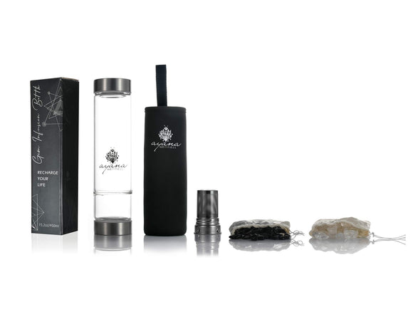 Ayana Wellness Gem Water Infusion Bottle Gemwater Elixir Infused with Crystal Energy | BPA Free Borosilicate Glass | with Tea Infuser | Includes Real Clear Quartz and Black Tourmaline Gemstones