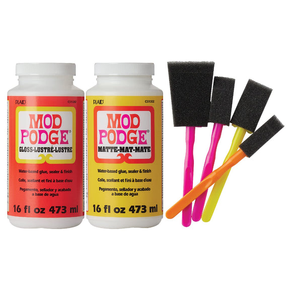 Mod Podge Complete Decoupage Kit-Two 16oz Bottles Waterbase Sealer/Glue (Matte Gloss Finish) with 4-pk Foam Brush Set, Clear